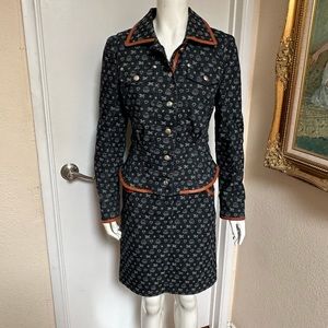 Monogram skirt suit skirt blazer set denim logo elegant faux leather trim RARE